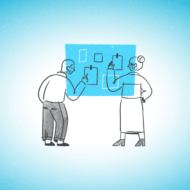 Illustration of two MYCURE team members collaborating at a board of pinned notes