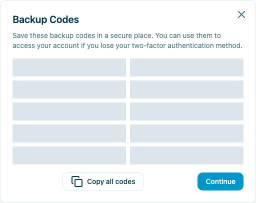 Backup Codes dialog with all code values obscured, plus Copy all codes and Continue buttons.