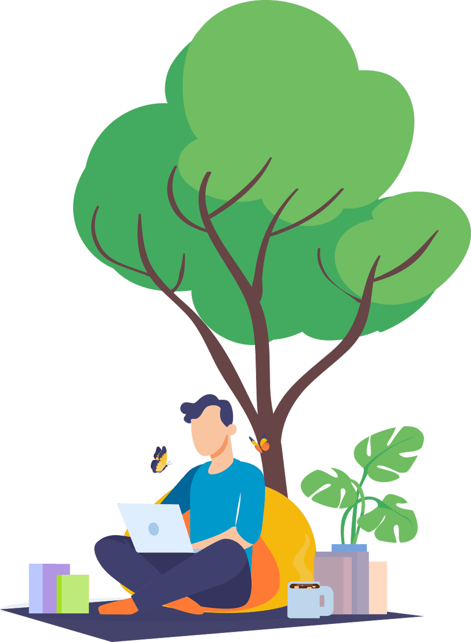 Illustration of a person working on a laptop under a tree
